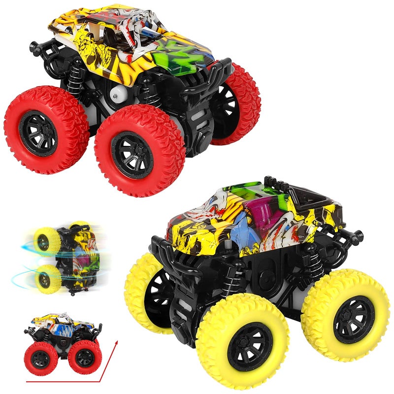 M SANMERSEN Monster Truck Toys for Ages 24 Friction Cars for Toddlers 13 Push and Go 360 Rotating Stunt Car for 2 Year Old Boys Girls Gifts 2 Pack Red and Yellow - Image 2