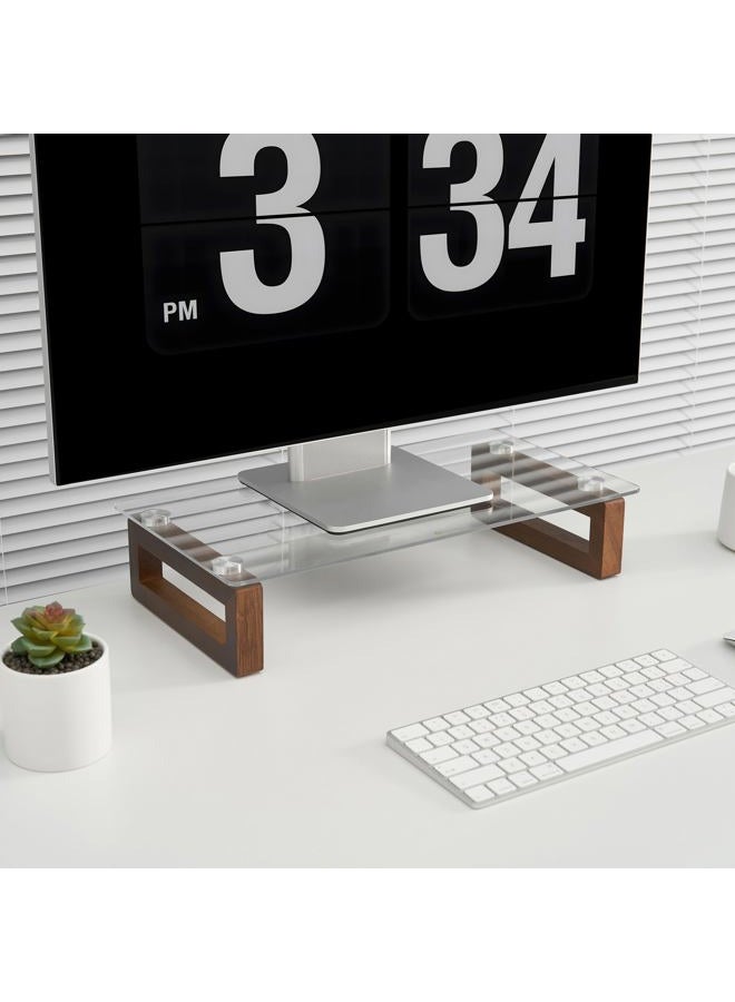 YEOUX Multi-Purpose Desktop Stand, Clear Floating Computer Monitor Riser with Natural Wood Base, Desk Organization Shelf for Printer, Laptop, Audio Device, Flat Screen - Image 2
