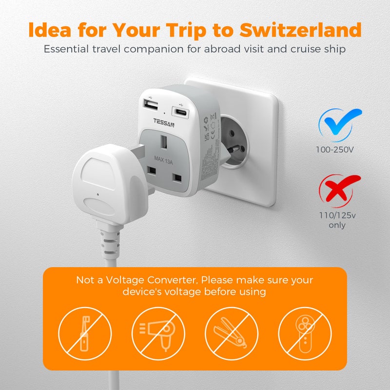 TESSAN UK to Swiss Plug Adapter, Type J Switzerland Plug with USB C - Image 3