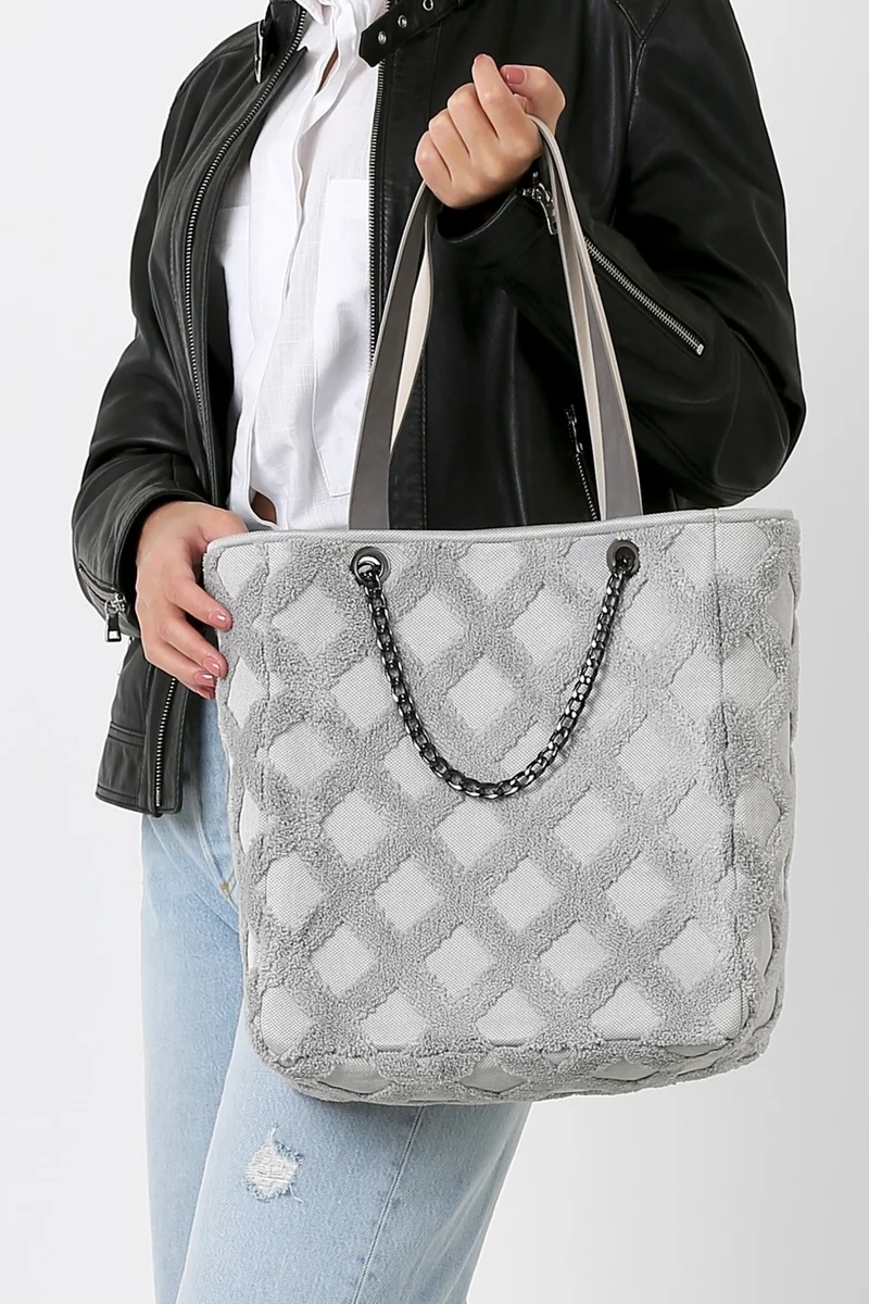 Hamur Dough Women's Fabric Hand and Shoulder Bag Tweed Gray Fur Plush Knitted Handbag