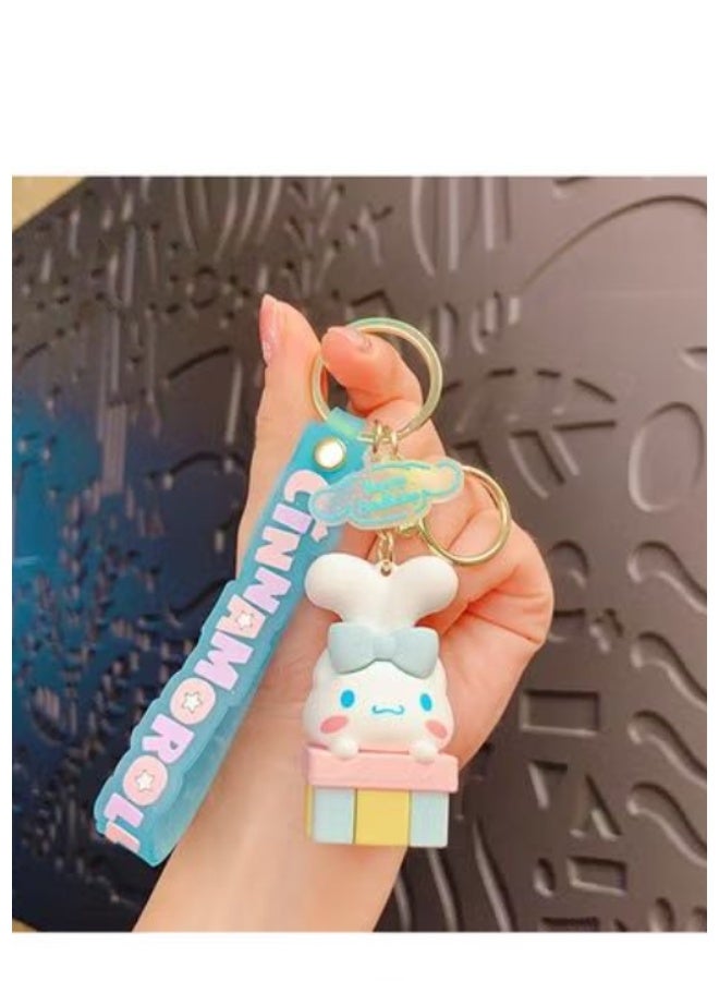 Sanrio Cinnamoroll Gift Box Keychain (Pastel Sanrio Character Design with "CINNAMOROLL" Blue Wrist Strap)