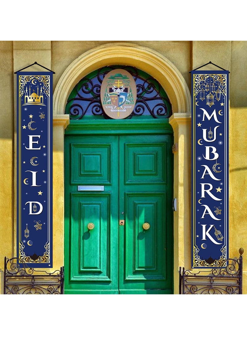 SänHahn - 2 Pcs Eid Ramadan Mubarak Decorations Set Ramadan Mubarak Porch Sign - Welcome First Day of Ramadan Eid Banner Hanging Decoration for Indoor/Outdoor Front Door Decor Ramadan Eid Party (Blue) - Image 1