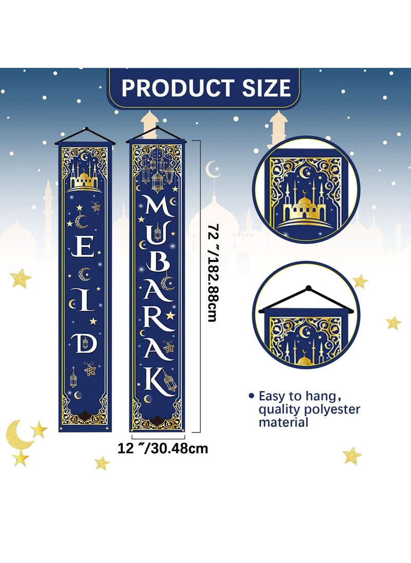 SänHahn - 2 Pcs Eid Ramadan Mubarak Decorations Set Ramadan Mubarak Porch Sign - Welcome First Day of Ramadan Eid Banner Hanging Decoration for Indoor/Outdoor Front Door Decor Ramadan Eid Party (Blue) - Image 1