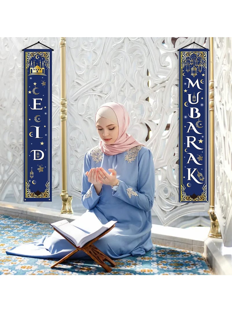 SänHahn - 2 Pcs Eid Ramadan Mubarak Decorations Set Ramadan Mubarak Porch Sign - Welcome First Day of Ramadan Eid Banner Hanging Decoration for Indoor/Outdoor Front Door Decor Ramadan Eid Party (Blue) - Image 1