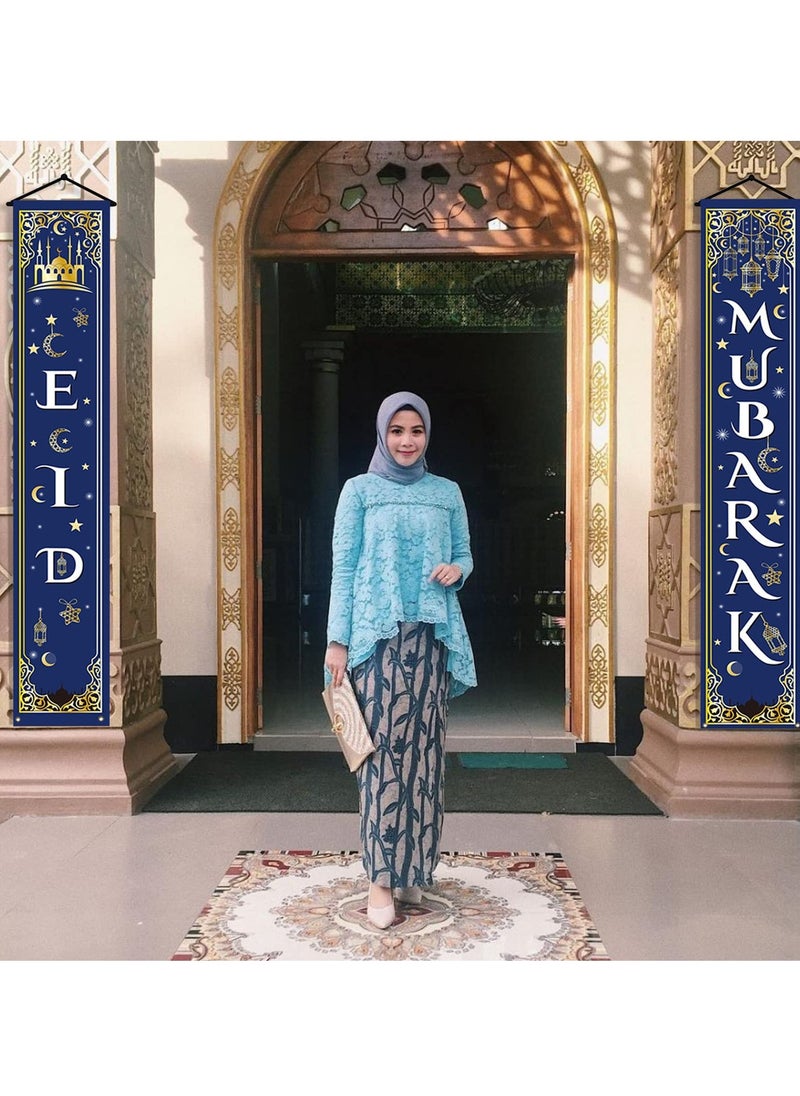 SänHahn - 2 Pcs Eid Ramadan Mubarak Decorations Set Ramadan Mubarak Porch Sign - Welcome First Day of Ramadan Eid Banner Hanging Decoration for Indoor/Outdoor Front Door Decor Ramadan Eid Party (Blue) - Image 1
