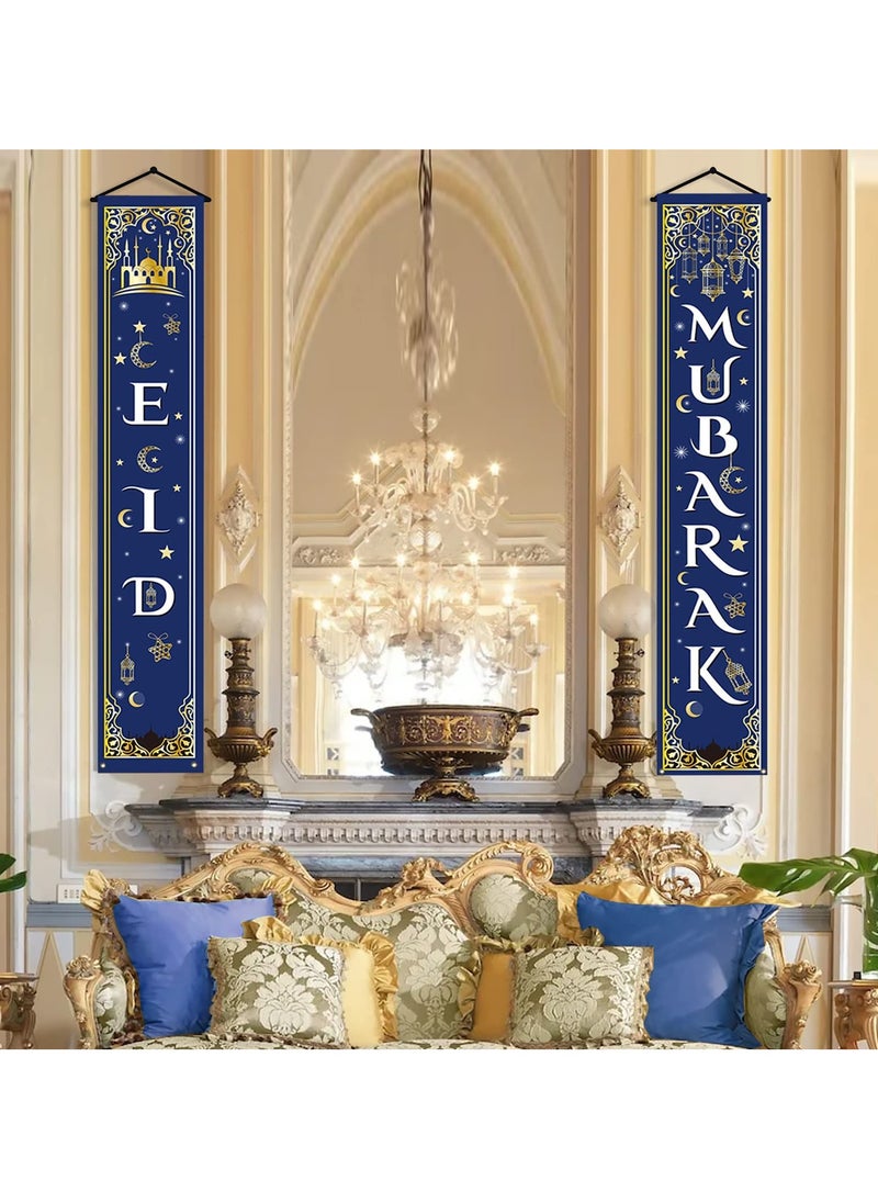 SänHahn - 2 Pcs Eid Ramadan Mubarak Decorations Set Ramadan Mubarak Porch Sign - Welcome First Day of Ramadan Eid Banner Hanging Decoration for Indoor/Outdoor Front Door Decor Ramadan Eid Party (Blue) - Image 1