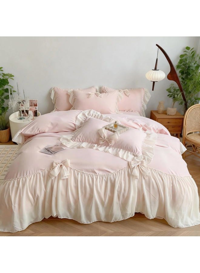IHOUSTRIY Duvet Cover Twin Size, Ruffle Beddding Set with Bowtie, 2 Pieces Comforter Cover Set with Zipper Closure, Girl Princess Bedding with Pillowcase - Light Pink, Twin - Image 2