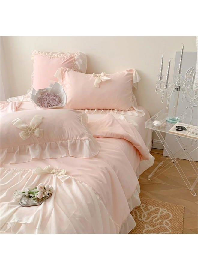 IHOUSTRIY Duvet Cover Twin Size, Ruffle Beddding Set with Bowtie, 2 Pieces Comforter Cover Set with Zipper Closure, Girl Princess Bedding with Pillowcase - Light Pink, Twin - Image 5