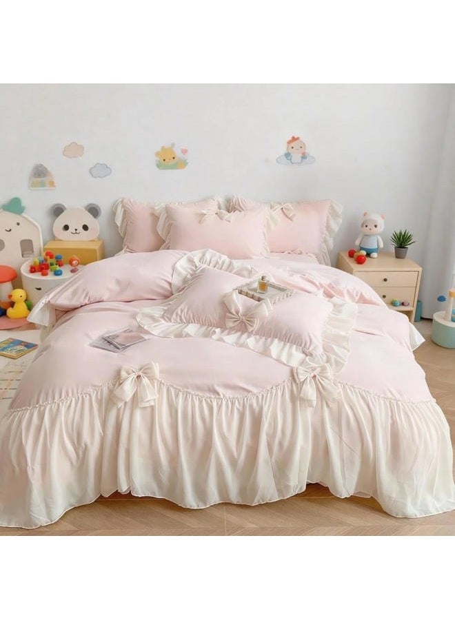 IHOUSTRIY Duvet Cover Twin Size, Ruffle Beddding Set with Bowtie, 2 Pieces Comforter Cover Set with Zipper Closure, Girl Princess Bedding with Pillowcase - Light Pink, Twin - Image 1