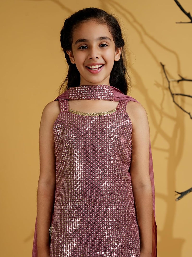 AJ DEZINES Girls Georgette Sleeveless Pink Kurta Sharara Set for Kids - Ethnic Wear | Festival Outfit - Sequins Embroidered Printed Pattern, Regular Fit (G-1168-PINK-36) - Image 5