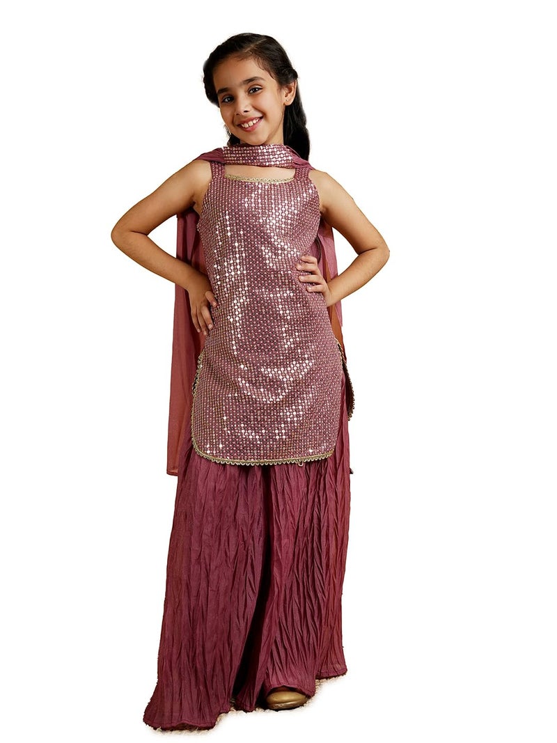 AJ DEZINES Girls Georgette Sleeveless Pink Kurta Sharara Set for Kids - Ethnic Wear | Festival Outfit - Sequins Embroidered Printed Pattern, Regular Fit (G-1168-PINK-36) - Image 1
