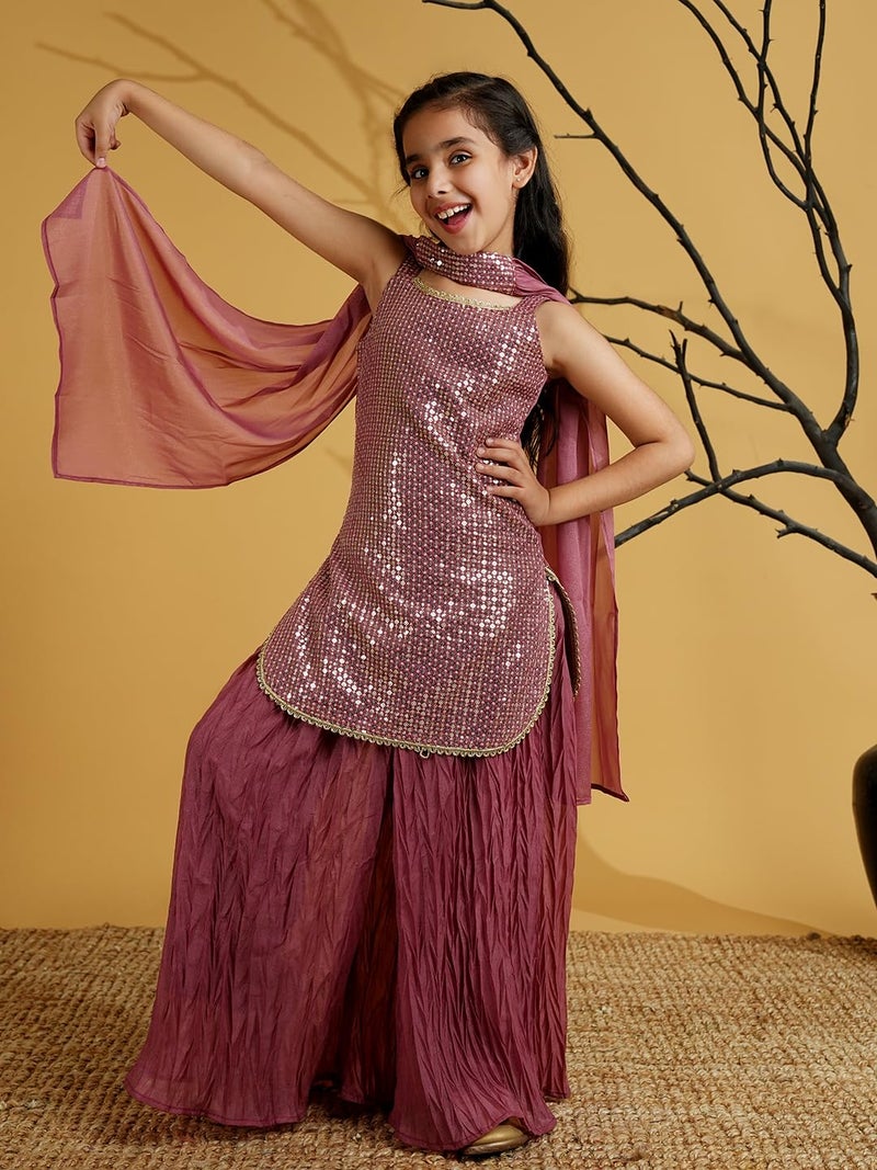 AJ DEZINES Girls Georgette Sleeveless Pink Kurta Sharara Set for Kids - Ethnic Wear | Festival Outfit - Sequins Embroidered Printed Pattern, Regular Fit (G-1168-PINK-36) - Image 2