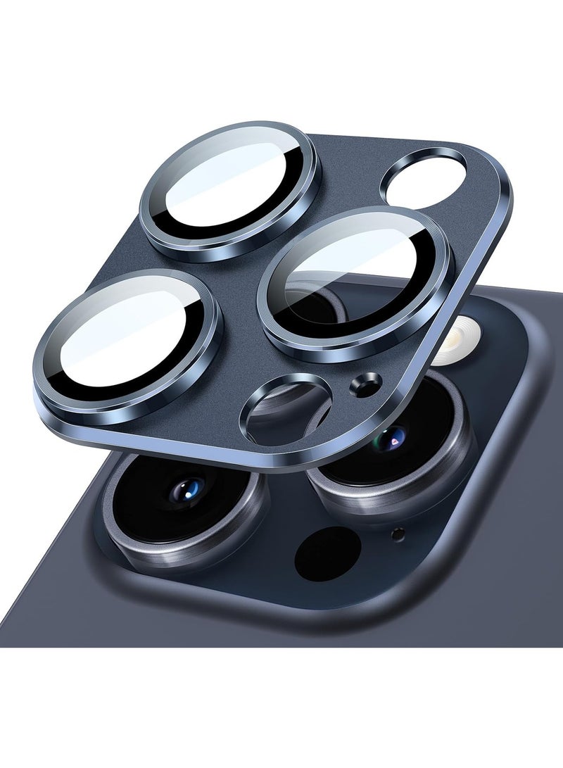 Camera Lens Protector for iPhone 15 Pro 6.1-Inch and iPhone 15 Pro Max 6.7-Inch, Full Coverage 9H Tempered Glass Ring Cover, Matte Metal Plate, Case Friendly, 1-Pack (Blue) - Image 1