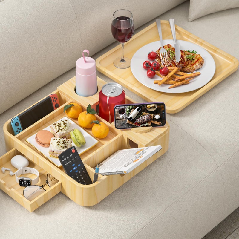 SouStoCol Couch Cup Holder, Couch Tray Cup Holder Sofa Tray, Large Capacity 2-Tier Wooden Trays with Drawer for Sofa, Bed, Picnic, Drinks, Snacks, Remote, Cell Phone, Headphones (Solid Pine Wood)12.5*12.5 in - Image 1