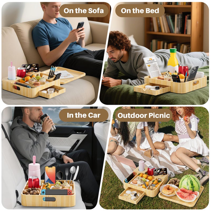 SouStoCol Couch Cup Holder, Couch Tray Cup Holder Sofa Tray, Large Capacity 2-Tier Wooden Trays with Drawer for Sofa, Bed, Picnic, Drinks, Snacks, Remote, Cell Phone, Headphones (Solid Pine Wood)12.5*12.5 in - Image 2