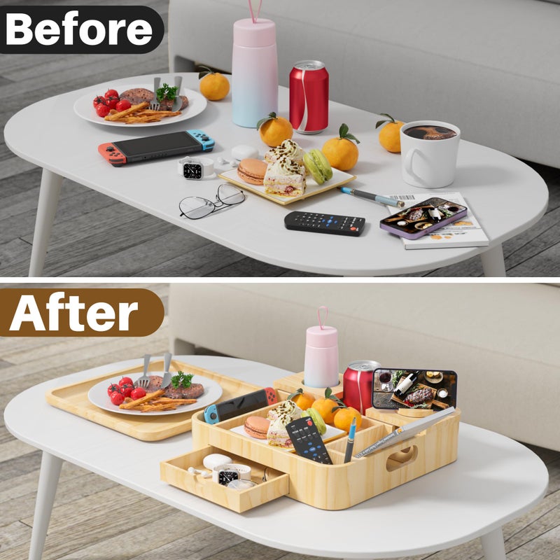 SouStoCol Couch Cup Holder, Couch Tray Cup Holder Sofa Tray, Large Capacity 2-Tier Wooden Trays with Drawer for Sofa, Bed, Picnic, Drinks, Snacks, Remote, Cell Phone, Headphones (Solid Pine Wood)12.5*12.5 in - Image 4