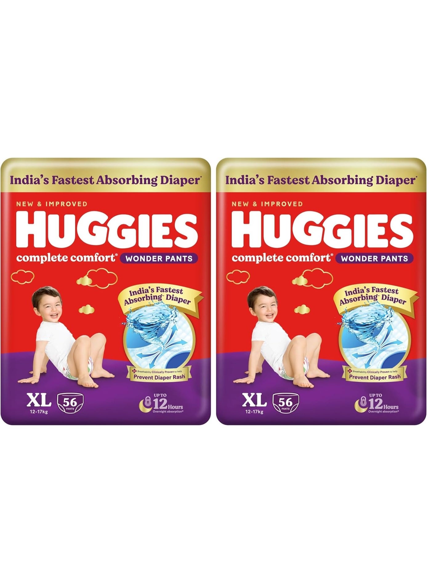 Huggies Complete Comfort Wonder Pants | Pant Style Baby Diapers Extra Large Size, 56 Count | India's Fastest Absorbing Diaper, Prevents Diaper Rash, Ideal for 12 to 17 Kgs (Pack of 2)
