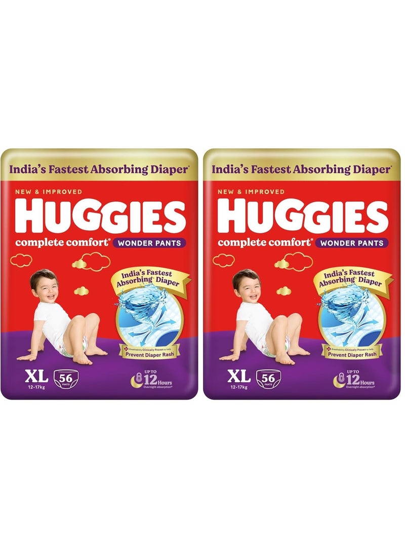 Huggies Complete Comfort Wonder Pants | Pant Style Baby Diapers Extra Large Size, 56 Count | India's Fastest Absorbing Diaper, Prevents Diaper Rash, Ideal for 12 to 17 Kgs (Pack of 2) - Image 1