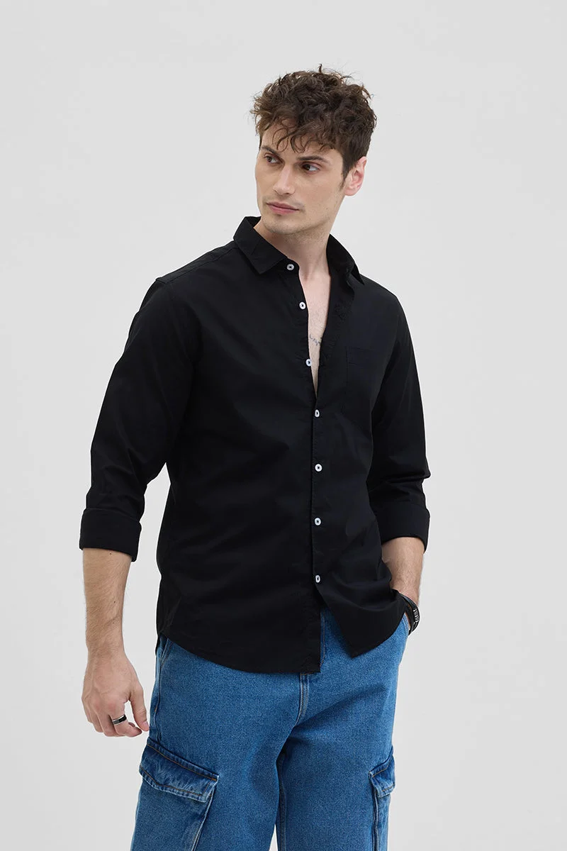 SNITCH Black Solid Long Sleeve Slim Fit Core Lab Shirt