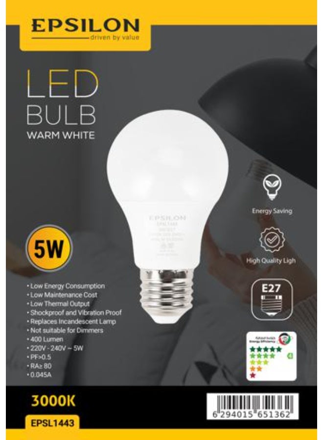 Epsilon مصباح إبسيلون 5 واط LED EPSL1443، أبيض دافئ 3000 كيلفن 400 لومن، مصباح LED موفر للطاقة E27، مقاوم للصدمات والاهتزاز للاستخدام المنزلي والمكتبي، أبيض - Image 4
