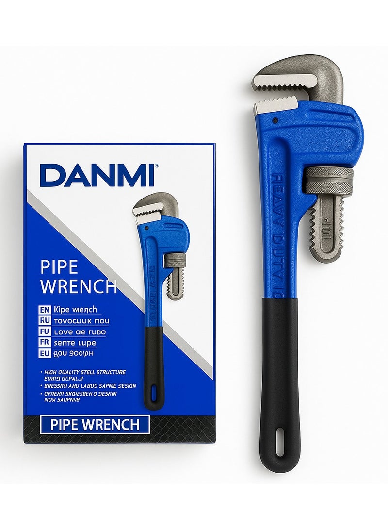 دانمي مفتاح بايب ثقيل – دانمي، 10 بوصة (≈ 254 مم) – أزرق/أسود، قبضة مكسوّة بالمطاط، فك مسنّن مقاوم للانزلاق – للاستخدام المهني في السباكة وتركيب الأنابيب - Image 1