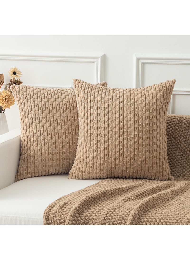 K KEVIN TEXTILE Kevin Textile Tan Throw Pillow Covers Soft Corduroy Decorative Set of 2 Boho Striped Pillow Covers Pillowcases Farmhouse Home Decor for Couch Bed Sofa Living Room 26x26 Inch  - Image 1