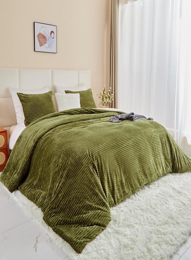 Bildenly Fluffy Velvet Comforter Set Queen 3 Pieces - Super Soft & Fuzzy Oliver Green Comforter Set for Winter Warm Fleece Bedding, 1 Luxury Cozy Faux Fur Down Alternative Comforter with 2 Pillow Cases - Image 1
