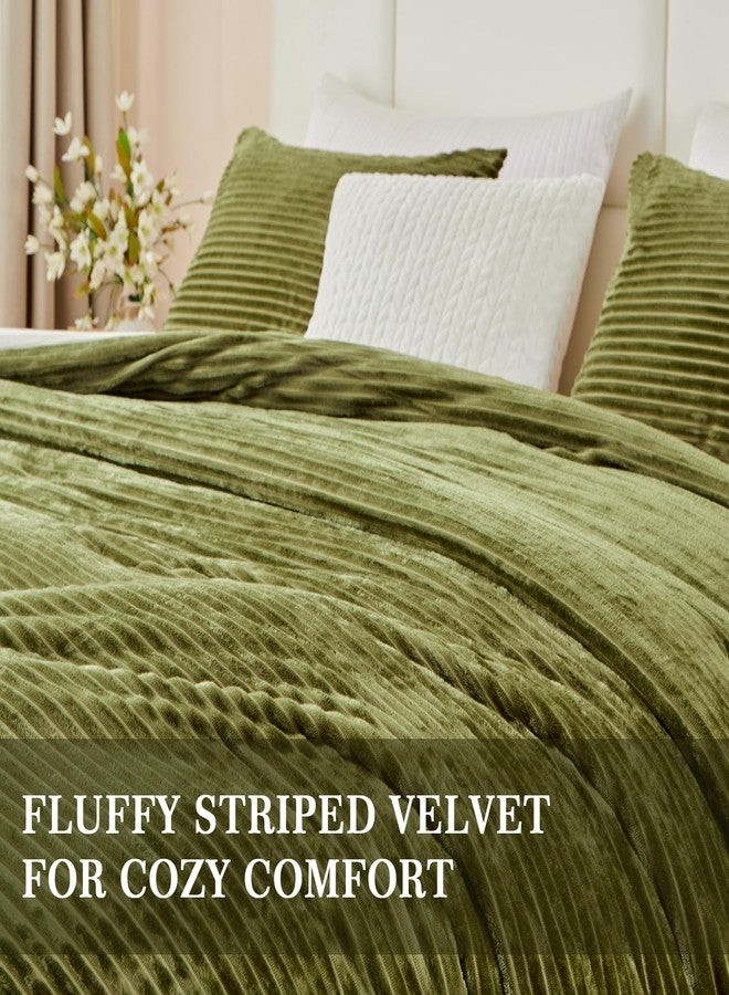 Bildenly Fluffy Velvet Comforter Set Queen 3 Pieces - Super Soft & Fuzzy Oliver Green Comforter Set for Winter Warm Fleece Bedding, 1 Luxury Cozy Faux Fur Down Alternative Comforter with 2 Pillow Cases - Image 5