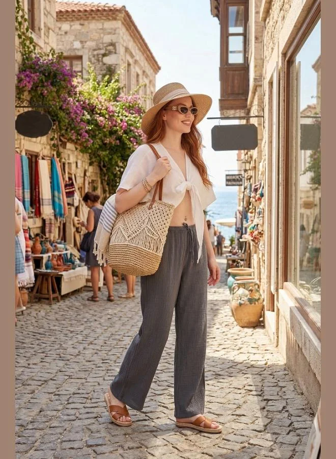 ليلا Lela Cotton Relaxed Fit Wide Leg Muslin Trousers Women's Pants 668YP5502