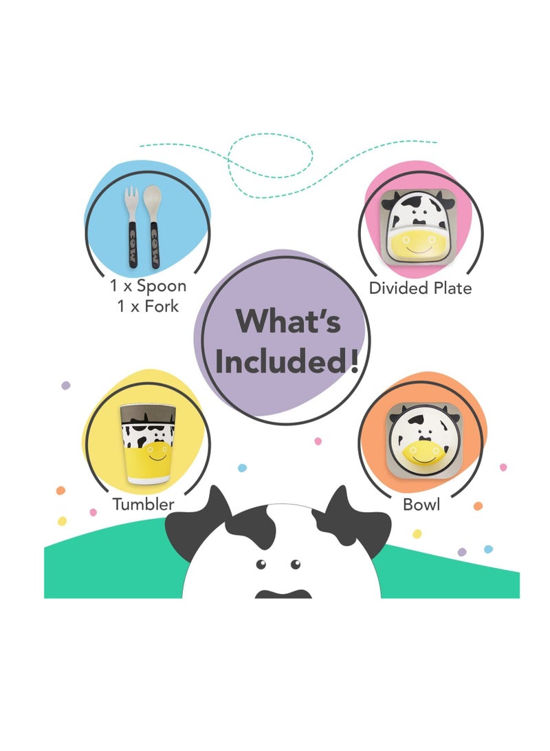 Excefore Bamboo Kids Plate and Bowl Set | Matching Dishes for Toddlers Ages 1+ | 5 Piece Divided Dinnerware Set Includes Plate, Bowl, Cup & Utensils | Reusable, BPA Free & Dishwasher Safe Toddler Set(Cow) - Image 5