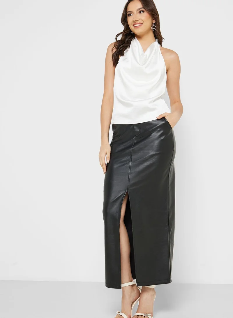 4th & Reckless High Waist Front Slit Satin Skirt