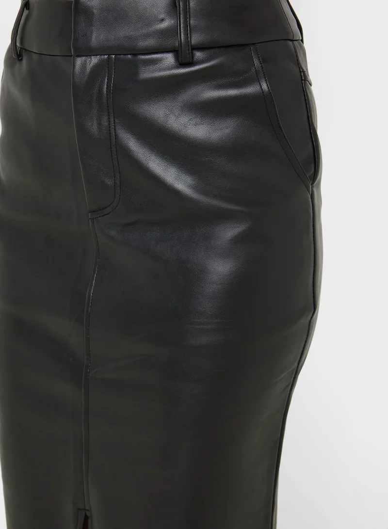 4th & Reckless High Waist Front Slit Satin Skirt