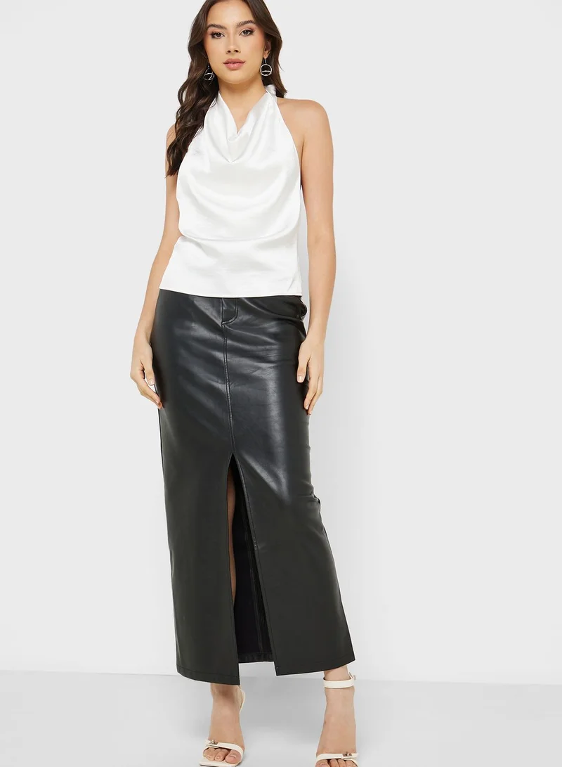 4th & Reckless High Waist Front Slit Satin Skirt