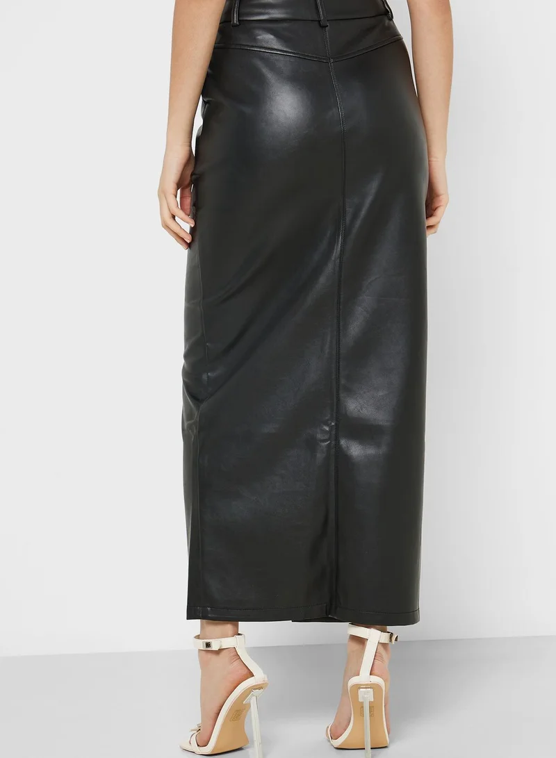 4th & Reckless High Waist Front Slit Satin Skirt