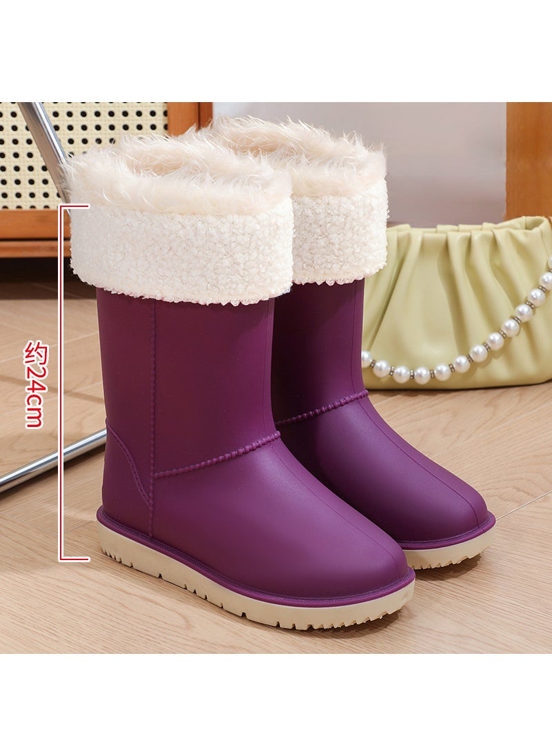 Generic New fashion thickened mid-calf rain boots fleece-lined waterproof womens snow boots non-slip flat warm rain boots womens winter712 snow boots purple velvet cover 712 snow boots purple velvet cover 