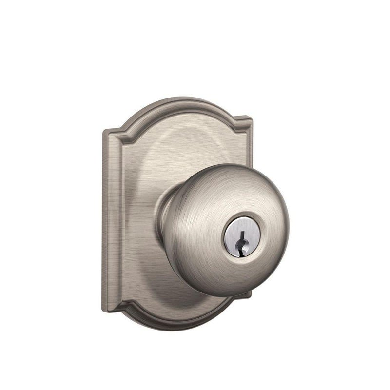 مقبض باب Schlage F51A Ply 619 Cam Plymouth مع قفل دخول بمفتاح، مزين بزخارف Camelot، مطلي بالنيكل المصقول