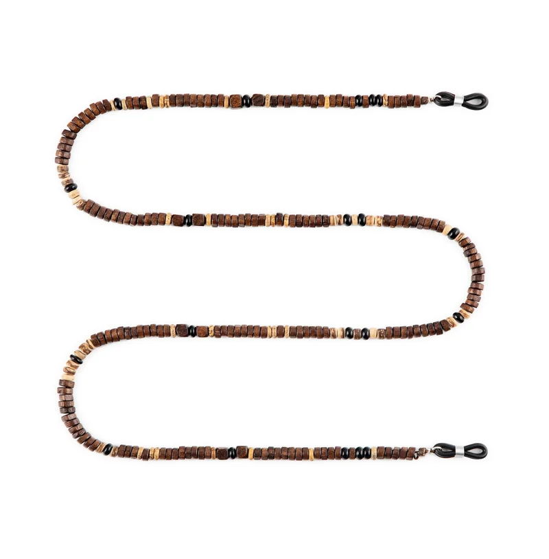 Minza Minza “Bruno” Unisex Eyewear Chain, Natural Wood & Onyx Stone, Handmade Glasses Chain for Sunglasses & Eyeglasses, Minimalist Earth-Tone Eyewear Accessory