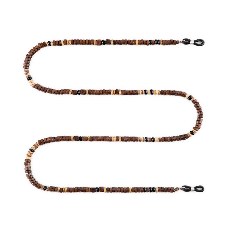 Minza “Bruno” Unisex Eyewear Chain, Natural Wood & Onyx Stone, Handmade Glasses Chain for Sunglasses & Eyeglasses, Minimalist Earth-Tone Eyewear Accessory - Image 1