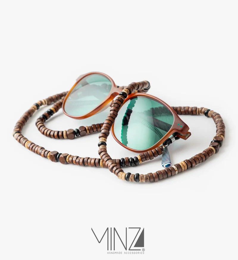 Minza Minza “Bruno” Unisex Eyewear Chain, Natural Wood & Onyx Stone, Handmade Glasses Chain for Sunglasses & Eyeglasses, Minimalist Earth-Tone Eyewear Accessory