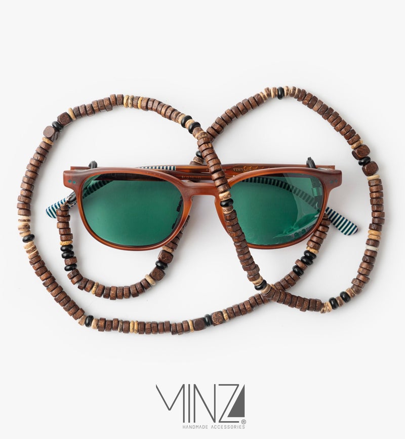Minza “Bruno” Unisex Eyewear Chain, Natural Wood & Onyx Stone, Handmade Glasses Chain for Sunglasses & Eyeglasses, Minimalist Earth-Tone Eyewear Accessory - Image 4