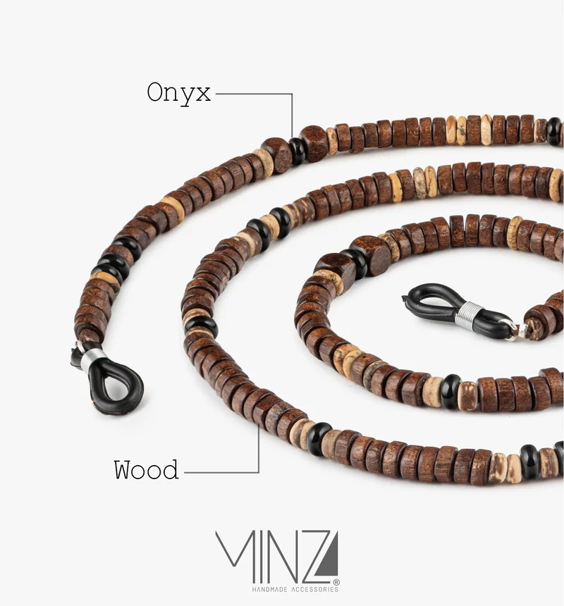 Minza  Minza “Bruno” Unisex Eyewear Chain, Natural Wood & Onyx Stone, Handmade Glasses Chain for Sunglasses & Eyeglasses, Minimalist Earth-Tone Eyewear Accessory  | Best Price UAE