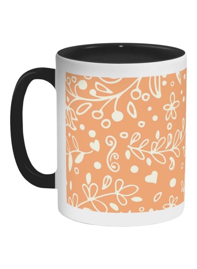 RYN Leaves And Heart Printed Coffee Mug White/Orange/Black 325ml