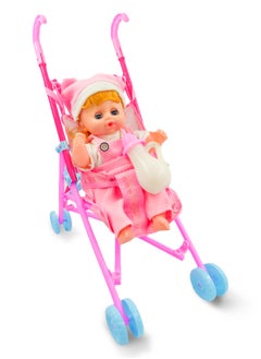 LB Doll Stroller with Baby Doll – Foldable Toy Stroller with Safety Straps & Wheels – Pretend Play for Kids  - Image 1