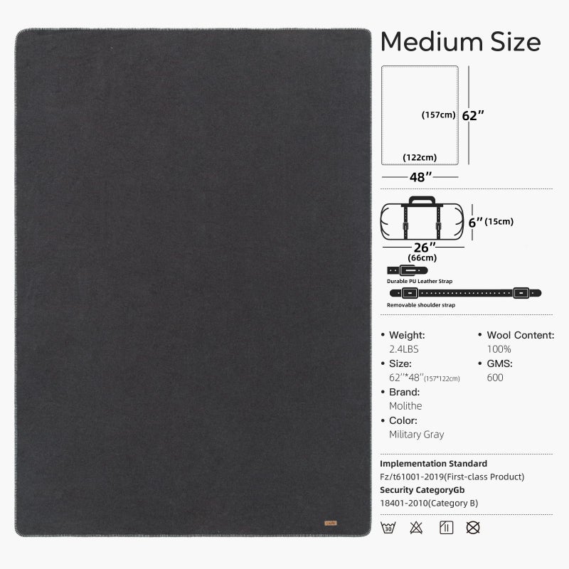 Molithe 100% Wool Blanket, 48" x 62", Warm, Thick, Washable, Military Wool Blanket, Great for Camping, Outdoors, Sporting Events, Survival Kits - Image 3