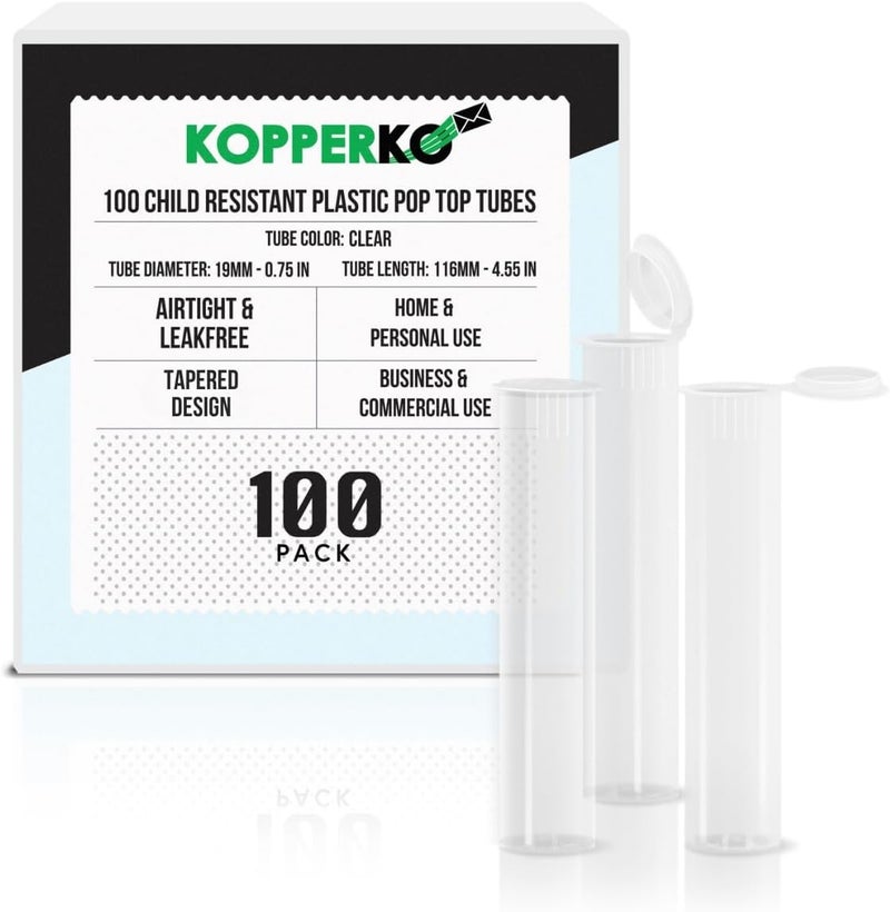 Kopperko 100 Pack 116mm Plastic Pop Top Tube - Child Resistant Pill Storage Containers for Herbs and Spices | UV and Moisture Resistant Medication Container | Airtight & Waterproof Storage | Clear