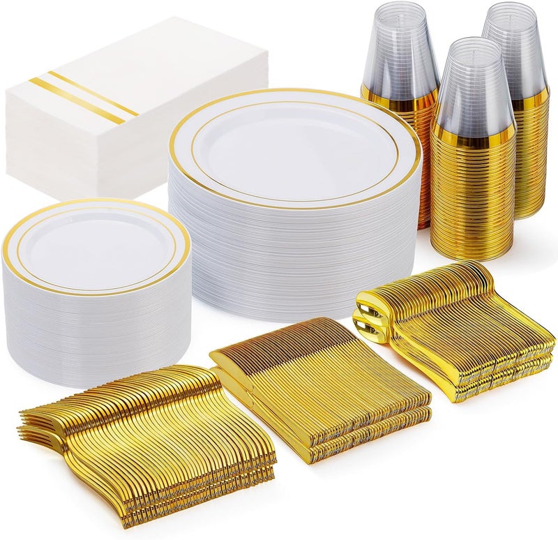 GATHER 350pcs Gold Plastic Plates  Disposable Plastic Dinnerware Set Include 50 Gold Dinner Plates 50 Golden Salad Plate 150 Silverware 50 Napkins 50 Cups Perfect for Party  Wedding