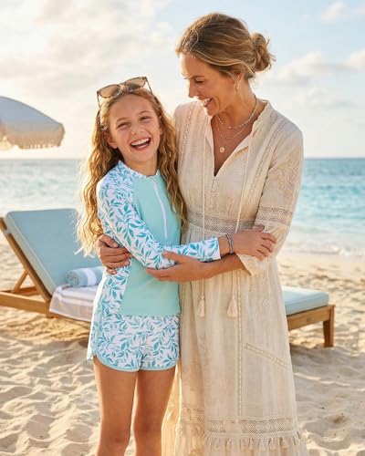 DivingBirds Girls Rash Guard Swimsuit 2 Piece Set for Girls 910Years Long Sleeve Swimwear with Zipper Blue Leaves - Image 3