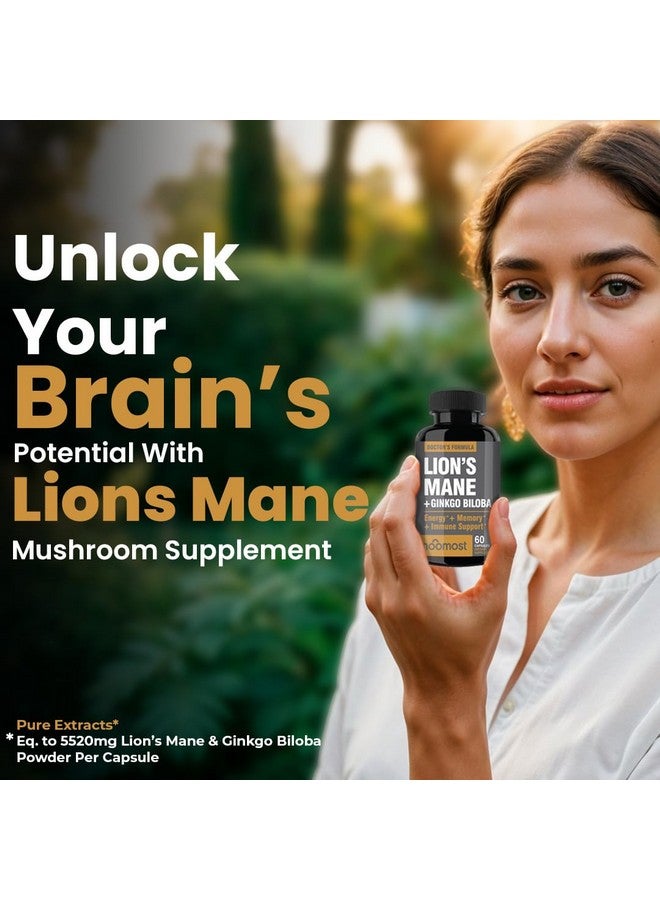 NooMost Lions Mane Supplement Organic Capsules - with Ginkgo Biloba - Cognitive Health, Focus & Memory Support - Natural Superfood for Brain, Energy & Immune Health - 60 Capsules - 2 Month Supply - Image 2