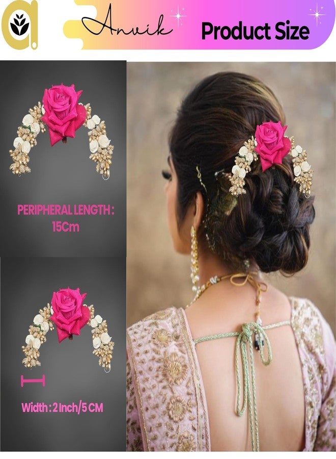 ANVIK Fancy Party Bridal Wedding Fabric/Artificial Rose Flower Bun Juda Hair Gajra for Women Flower Floral Hair Accessories for women Veni for hair (Dark Pink) - Image 4