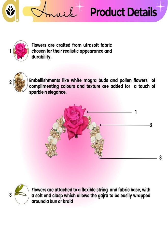 ANVIK Fancy Party Bridal Wedding Fabric/Artificial Rose Flower Bun Juda Hair Gajra for Women Flower Floral Hair Accessories for women Veni for hair (Dark Pink) - Image 3